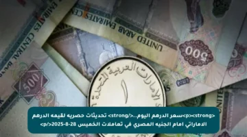 <p><strong>سعر الدرهم اليوم..</strong> تحديثات حصرية لقيمة الدرهم الإماراتي أمام الجنيه المصري في تعاملات الخميس 28-8-2025</p>